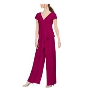 ADRIANNA PAPELL Womens Maroon Cap Sleeve V Neck Wide Leg Jumpsuit 2